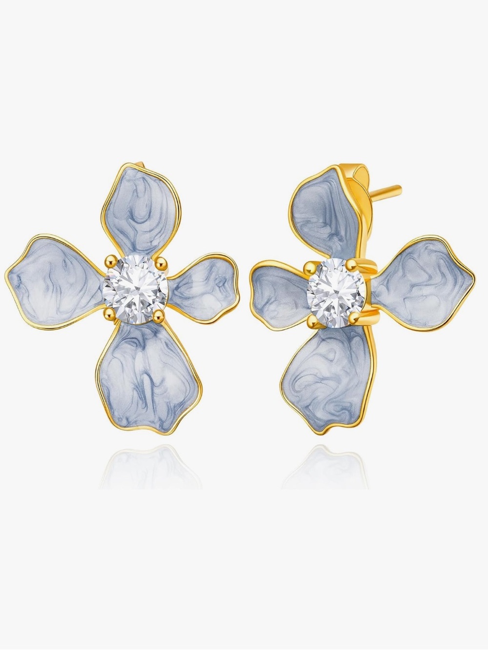Gold-Plated Blue Floral Stud Earrings with Crystal Center